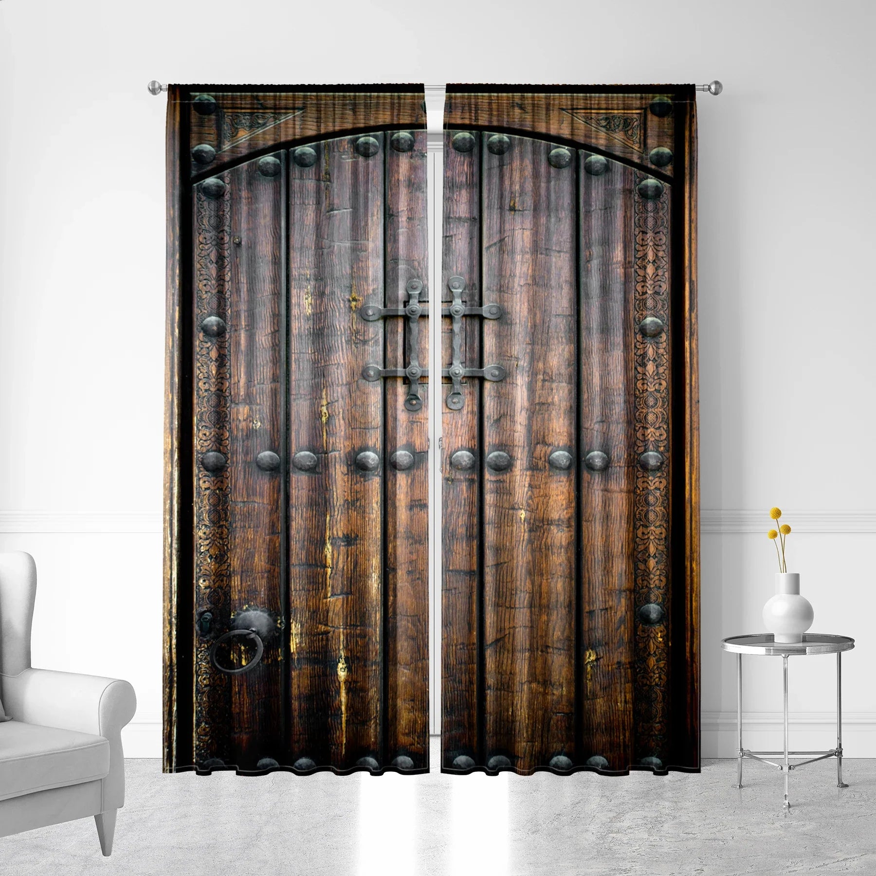 Afralia™ Retro Wooden Door Pattern Curtains for Home Decoration: Modern Design for Kitchen, Coffee Shop & Living