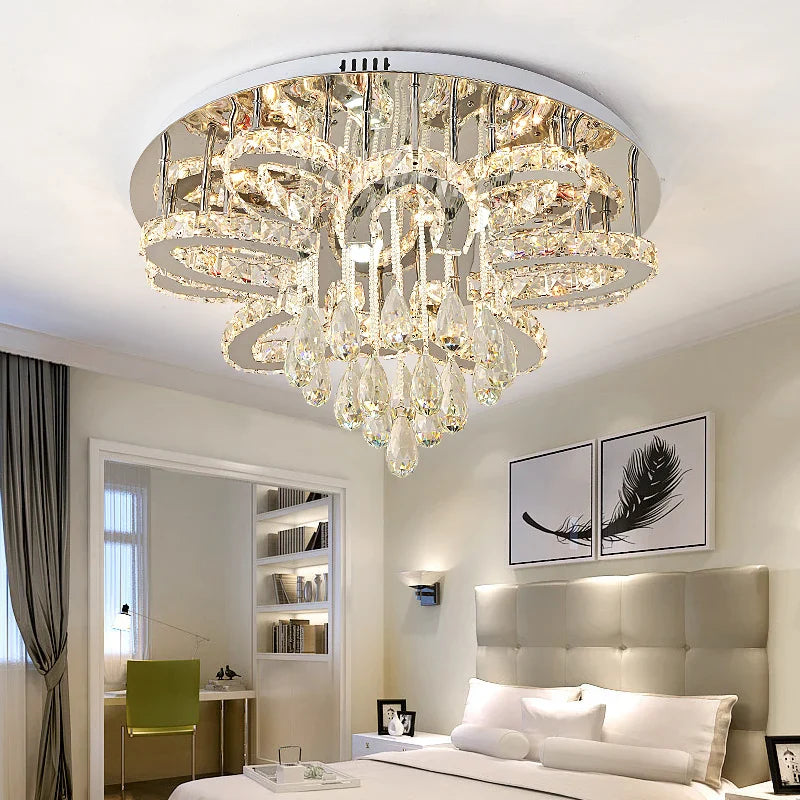 Afralia™ Dimmable LED Crystal Chandelier Chrome Ceiling Light Fixture