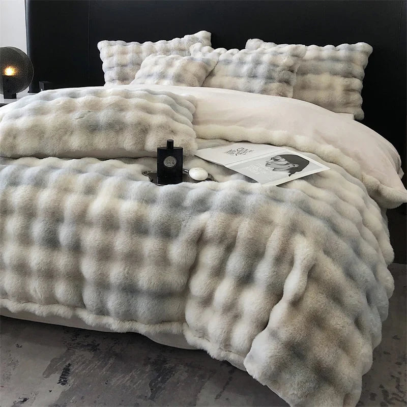 Afralia™ Faux Rabbit Fur Velvet Bedding Set, Plush Duvet Cover, Sheet, Pillowcases, Gradient Color