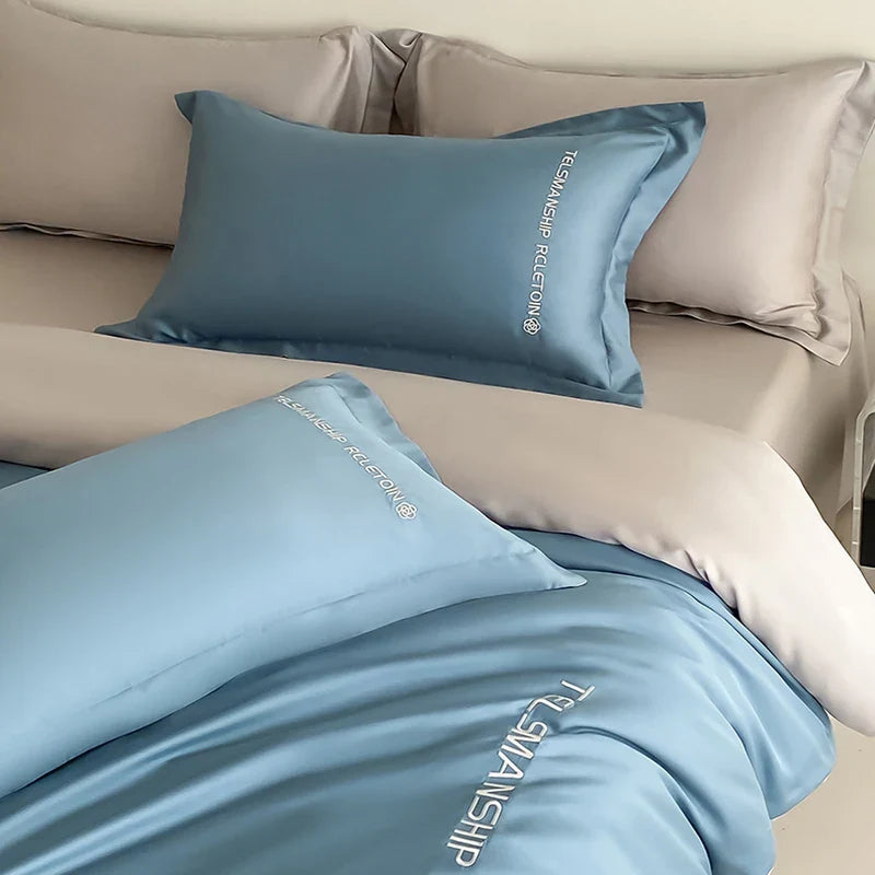 Afralia™ Cotton Solid Color Bedding Set, Premium Quality Embroidery Quilt Cover, Single Bed.