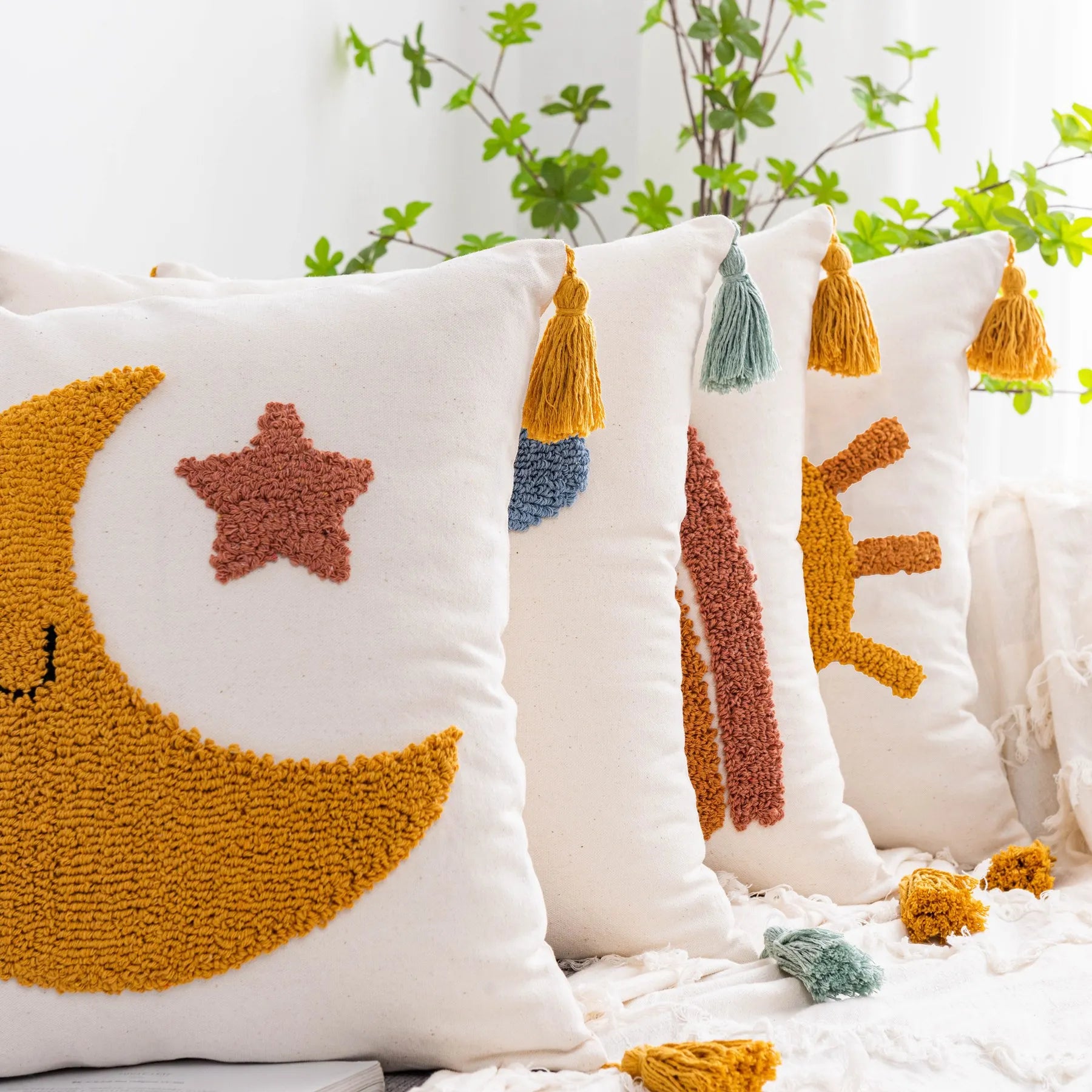 Afralia™ Boho Yellow Rainbow Star Moon Tassel Cushion Cover 45x45cm