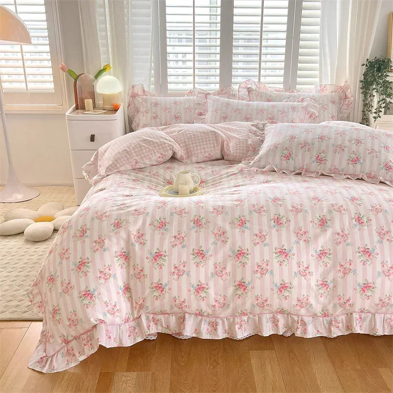 Afralia™ Floral Princess 100% Cotton Duvet Set for Queen Size Bed