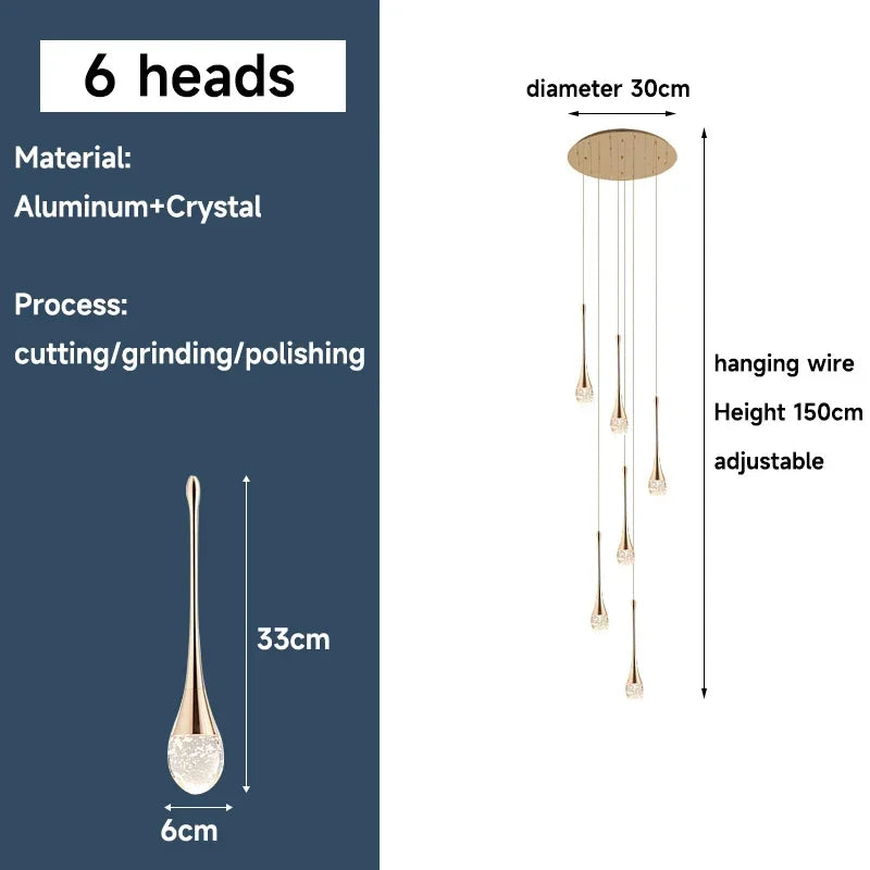 Afralia™ Gold Crystal Chandelier Pendant Light, Modern Minimalist Loft Staircase Fixture