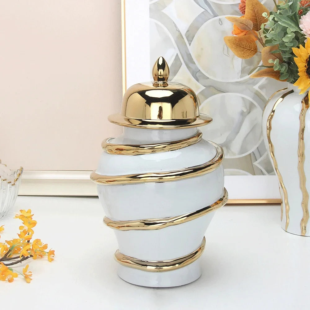 Afralia™ Ceramic Golden General's Striped Ginger Jar Flower Vase for Home Decoration