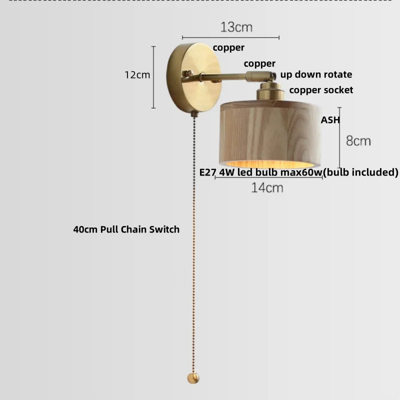 Afralia™ Copper Socket LED Wall Lights Pull Chain Switch Nordic Modern Rotate Bedside Lamp