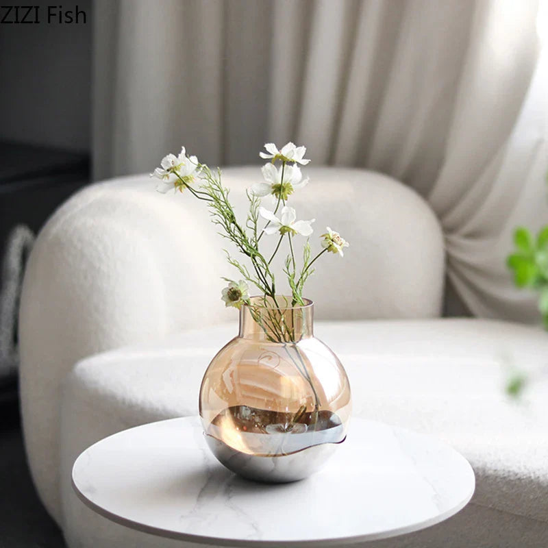 Afralia™ Amber Glass Vase Desk Decoration Round Floral Room Decor