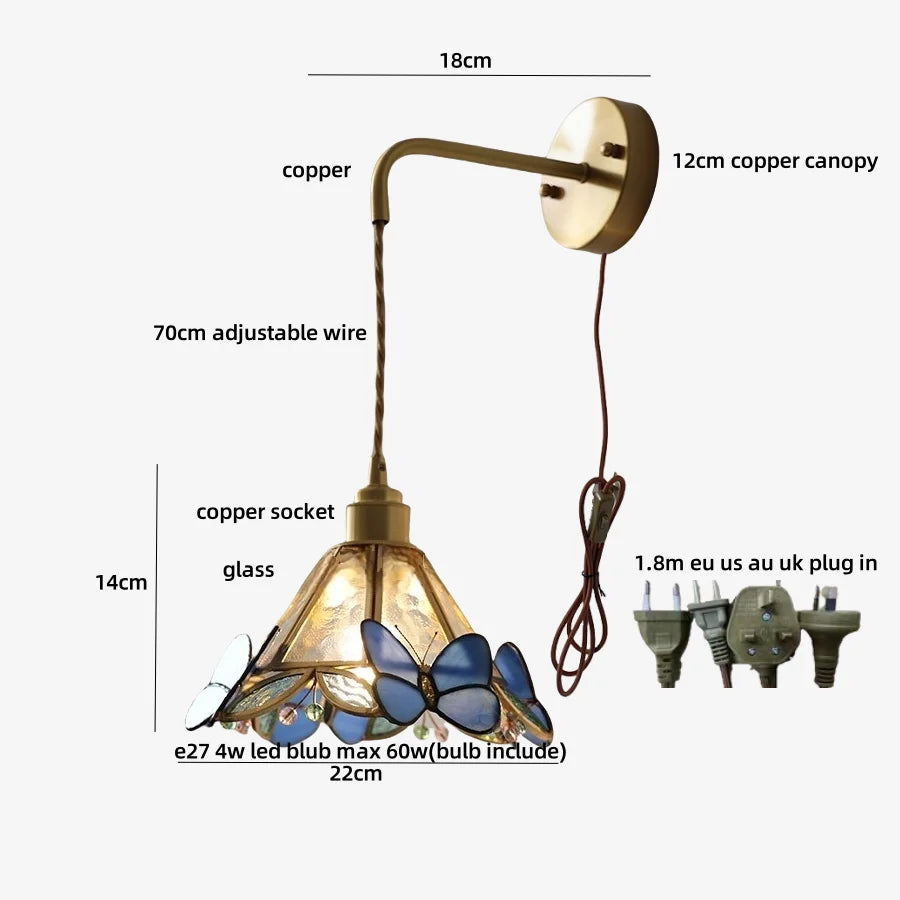 Afralia™ LED Butterfly Glass Wall Lamp Sconce with Pull Chain Switch