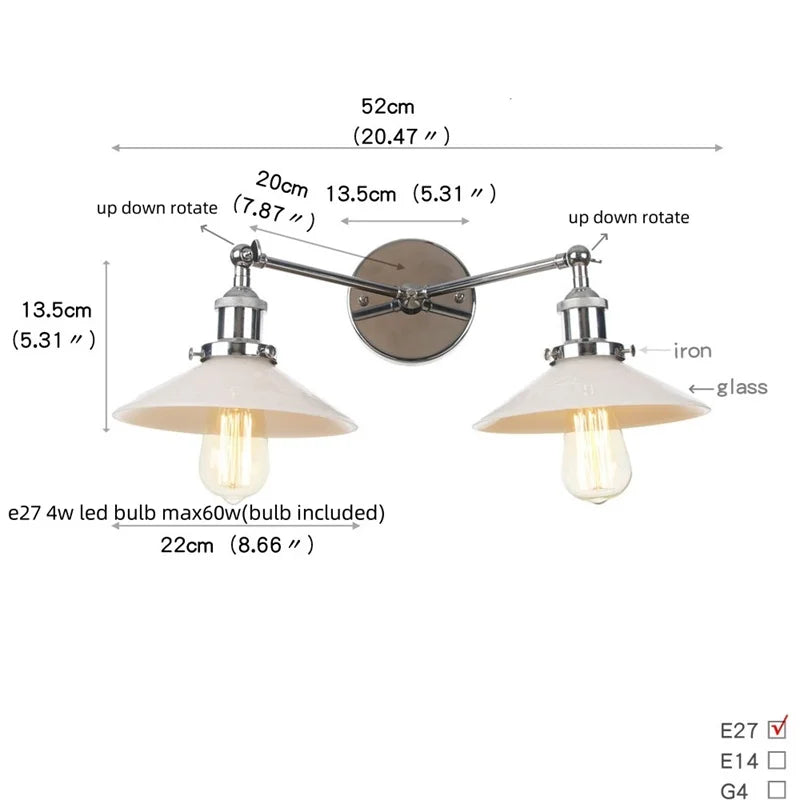Afralia™ Industrial LED Wall Light Fixture with Pull Chain Switch, 2 Heads Bedside Lamp