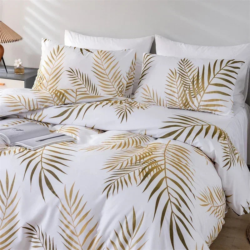 Afralia™ Gold Print Queen Duvet Set with 2 Pillowcases - Soft & Stylish Bedding Solution