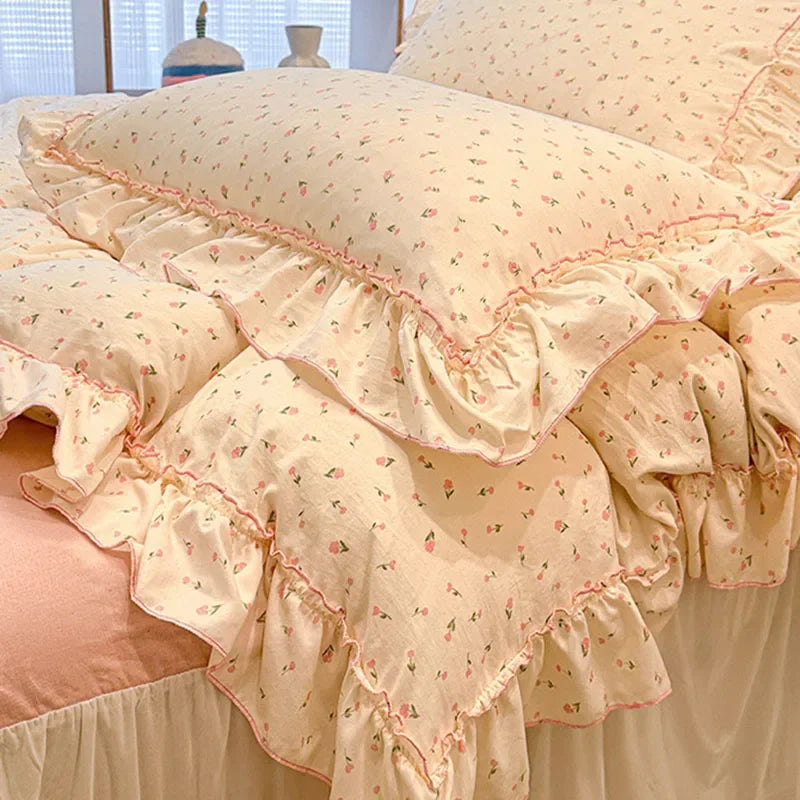 Afralia™ Lace Bedding Set: Printed Design, Single Queen Size, Cozy Quilt Cover, Fitted Sheet, 2 Pillowcases