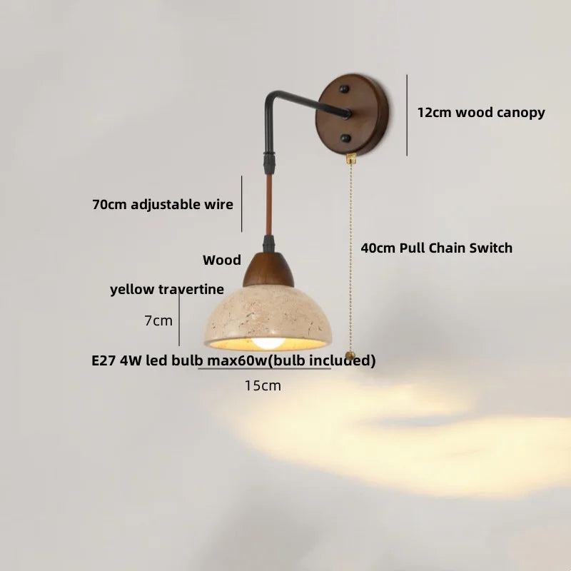 Afralia™ Wood Canopy LED Wall Sconce Yellow Travertine Stone Pull Chain Switch