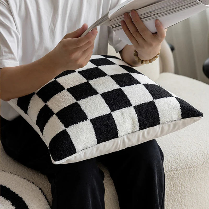 Afralia™ Geometric Plaid Embroidered Cushion Cover Circular Minimalist Home Decor Sofa Pillow