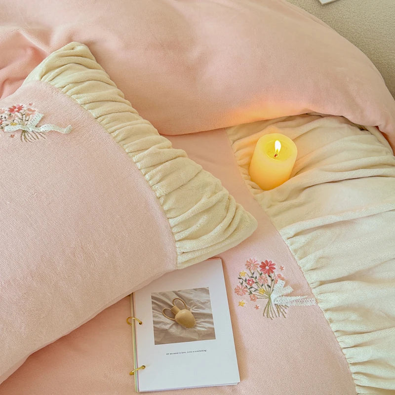Afralia™ Fleece Embroidered Floral Velvet Bedding Set with Plush Patchwork in Pink