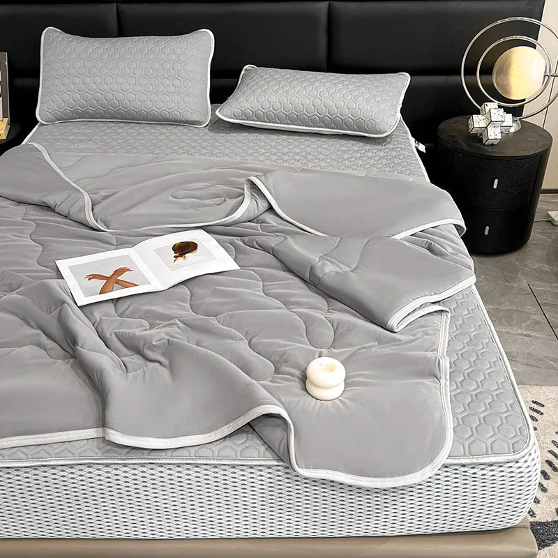 Afralia™ Silk Summer Blanket Set: Latex Fitted Sheet, Pillowcase, Queen Lightweight Comforter