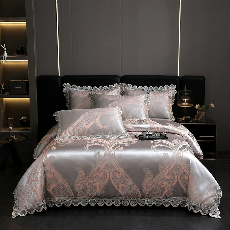 Afralia™ Golden Jacquard Cotton Lace Bedding Set - Silky Soft Duvet Cover, Flat Sheet, Pillowcase
