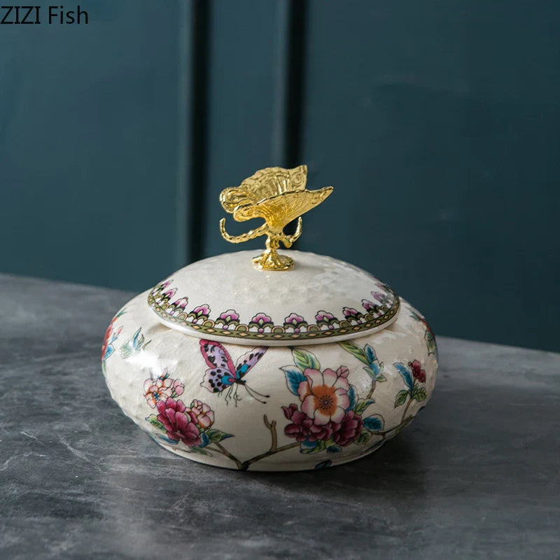 Afralia™ Dragonfly Lid Ceramic Jewelry Box - Round Floral Pattern Storage Jar