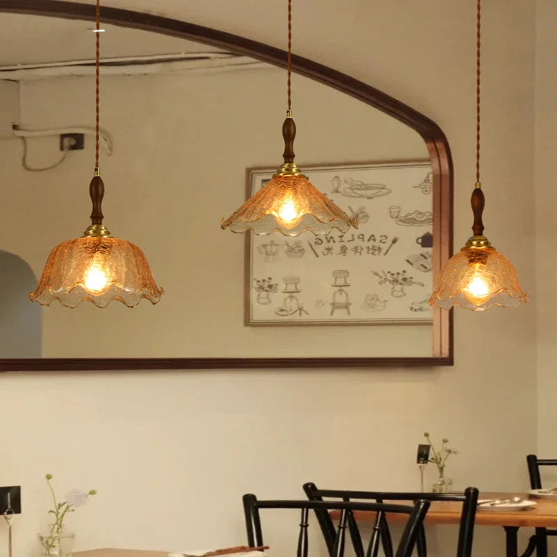 Afralia™ Cracked Glass Copper Wooden Pendant Light for Home Indoor Living Room