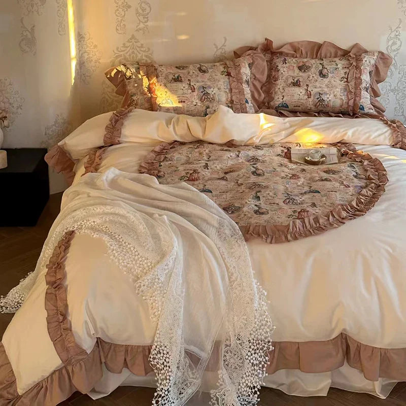 Afralia™ 100% Cotton French Print Lace Ruffles Bedding Set - 4 Piece Bed Sets