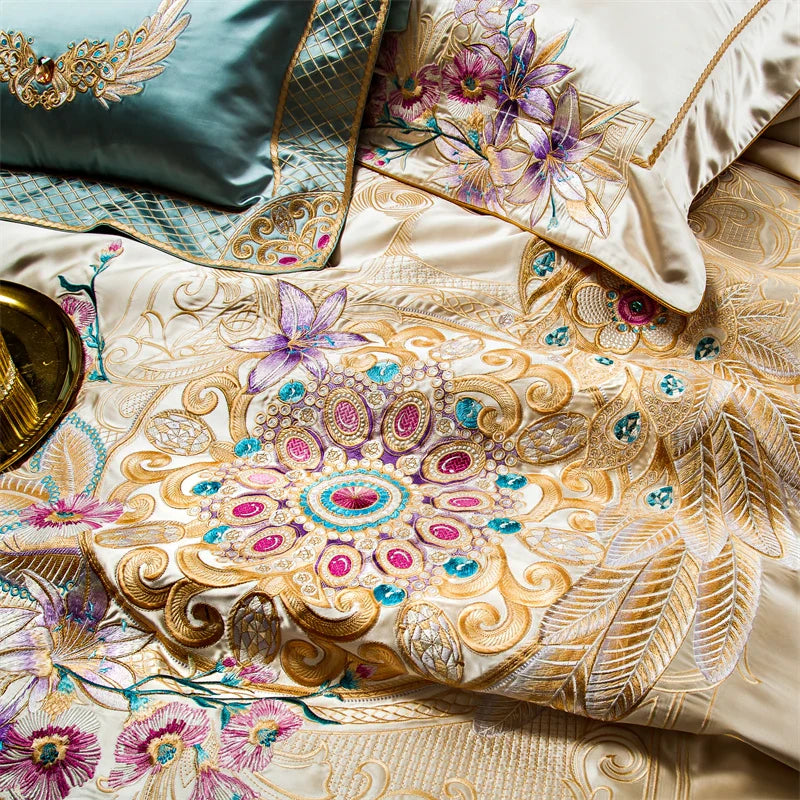 Luxurious Palace Flowers Embroidery Champagne Gold Brocade Bedding Set by Afralia™