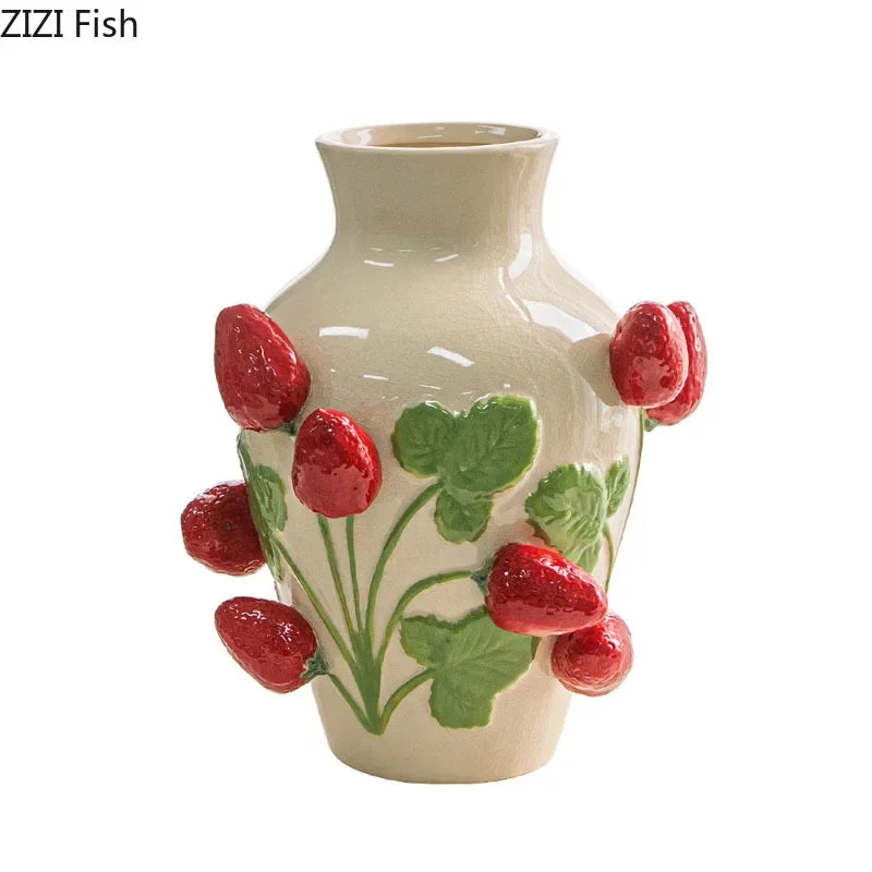 Afralia™ Strawberry Relief Ceramic Vase for Chic Room Aesthetic Flower Arrangement