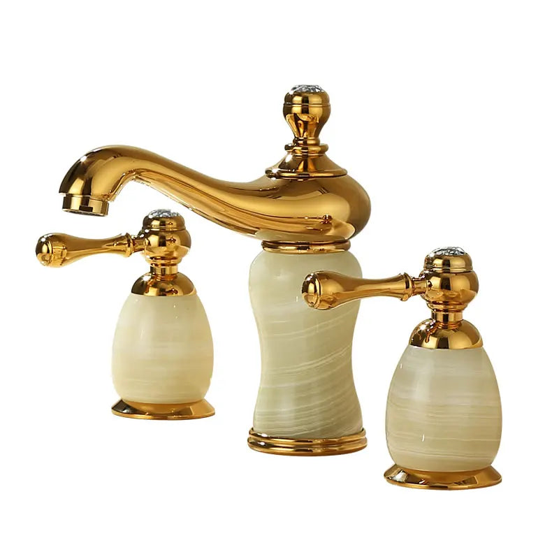 Afralia™ Gold Brass Jade 3 Hole Widespread Basin Faucet with Double Handle