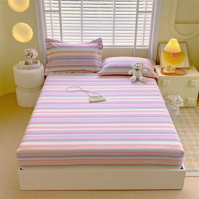 Afralia™ Cotton Striped Fitted Bed Sheet for Queen Double Mattress Cover