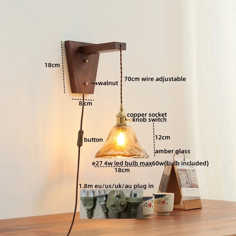 Afralia™ Walnut Glass LED Wall Light Fixture | Modern Bedroom Bathroom Living Room Lamp