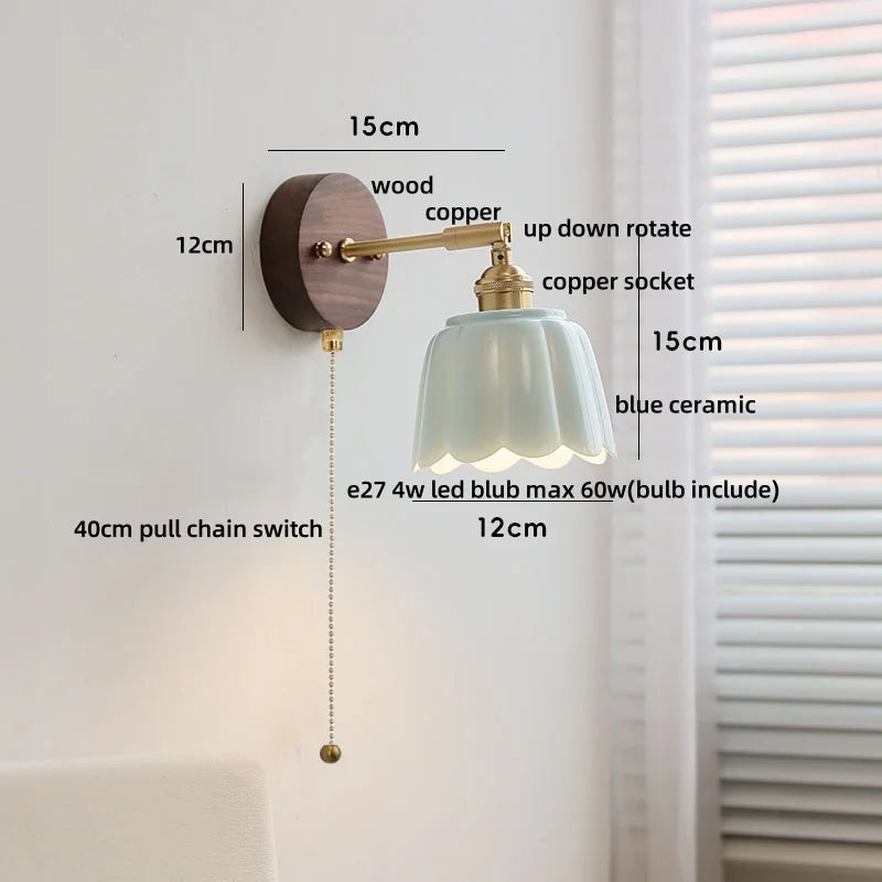 Afralia™ White Flower Ceramic LED Wall Sconce with Wood Base and Copper Rotate