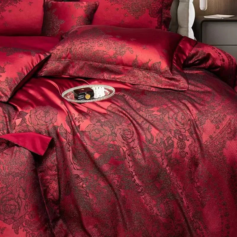 Afralia™ Burgundy Red Luxury Jacquard Egyptian Cotton 5Pcs Bedding Set