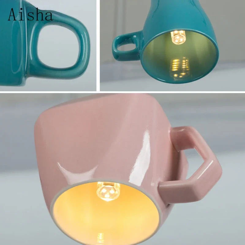 Afralia™ Ceramic Tea Cup Teapot Hanging Lamp Pendant Lights for Dining Room Kitchen