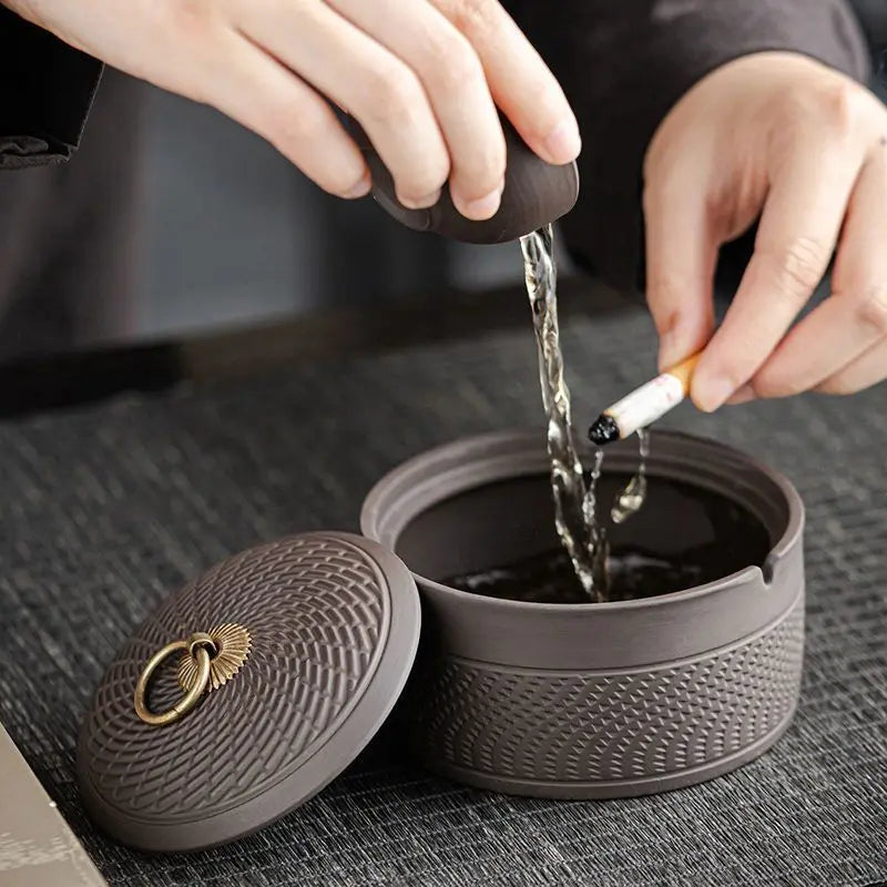 Afralia™ Retro Ceramic Ashtray with Cover - Blessing Character Decor, Portable Home Gift.