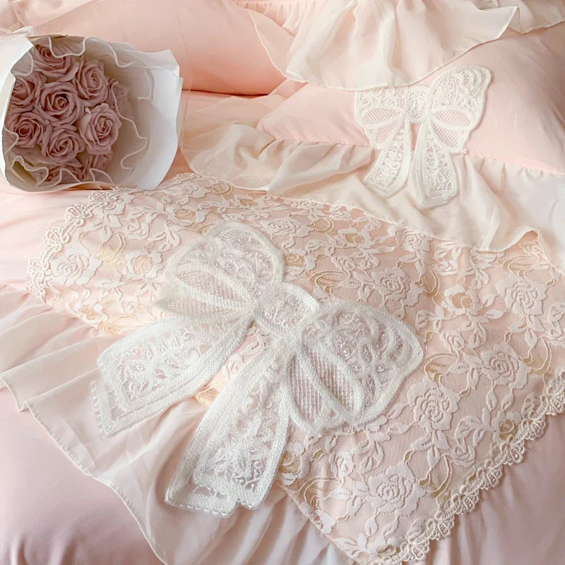 Afralia™ Romantic Lace Ruffles Bedding Set with Bow Decoration - Pink Girls Duvet Cover Set