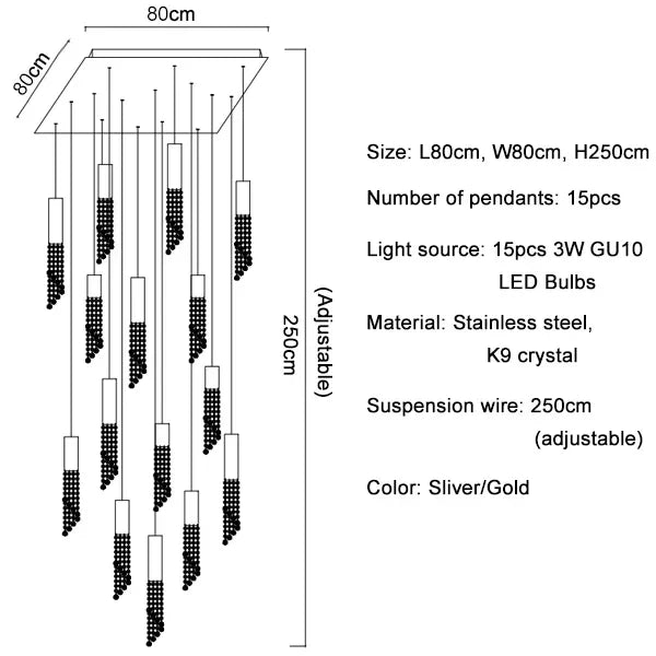 Afralia™ Chrome Crystal LED Ceiling Pendant: Modern Large Staircase & Lobby Lighting