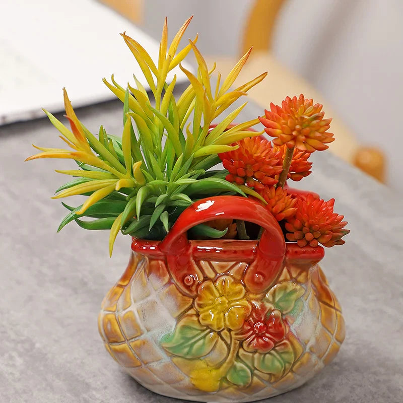 Afralia™ Ceramic Vase Handbag Embossed Flower Arrangement Home Decoration