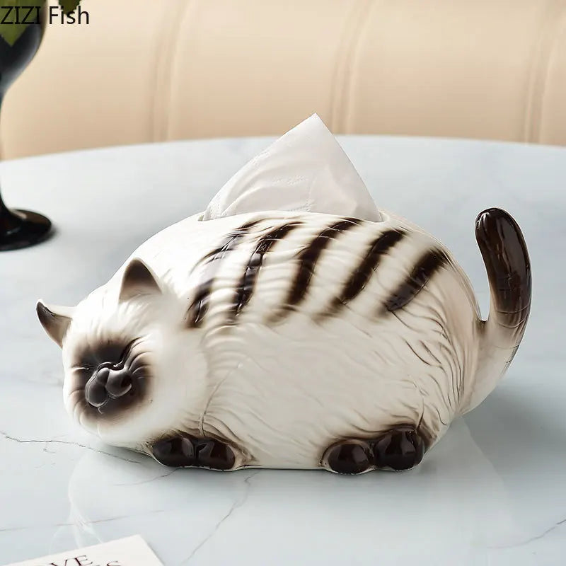 Afralia™ Siamese Kitten Ceramic Tissue Box - Creative Desk Decoration