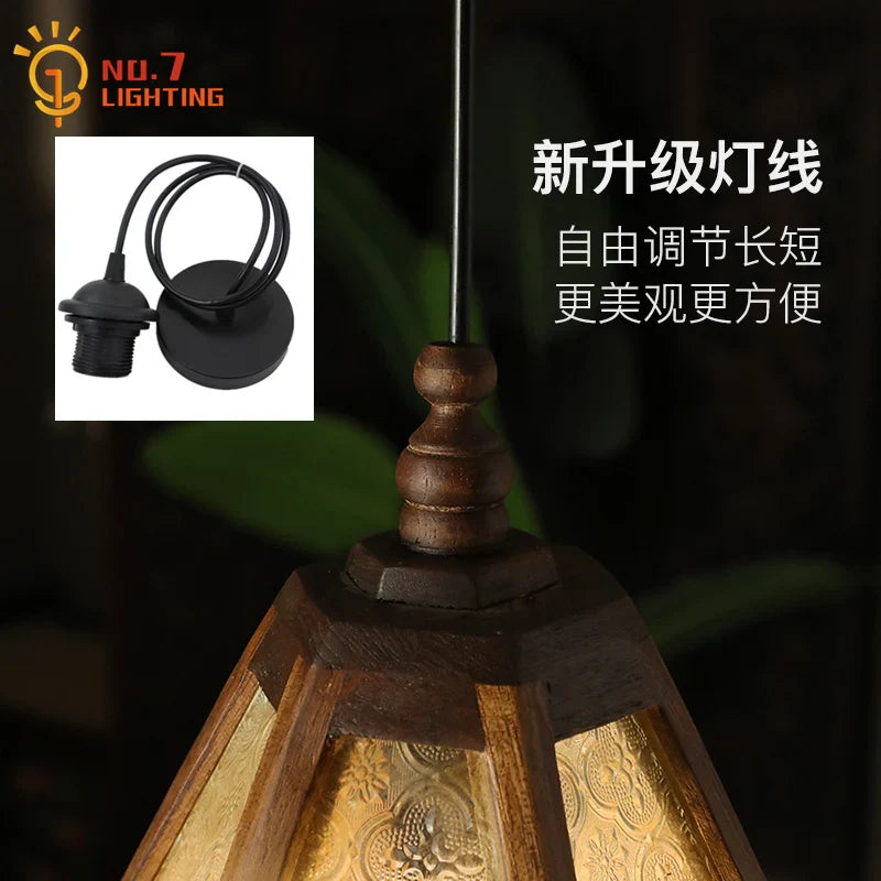 Afralia™ Retro Thai Pendant Lights Solid Wood Glass LED Hanging Lamp