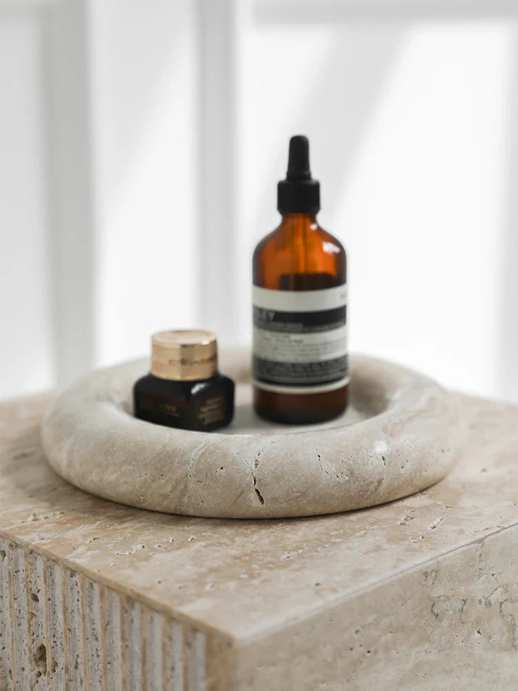 Afralia™ Beige Travertine Serving Tray: Vintage Home Decor Round Vanity & Jewelry Plate