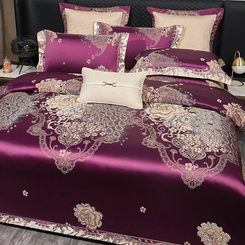 Afralia™ Luxe Purple European Jacquard Cotton Bedding Set: Duvet Cover, Sheet, Pillowcase