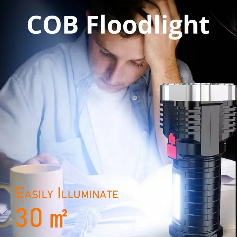 Afralia™ LED Flashlight: High-light with 4 Lamp Beads, COB Floodlight, USB Rechargeable Outdoor Torch