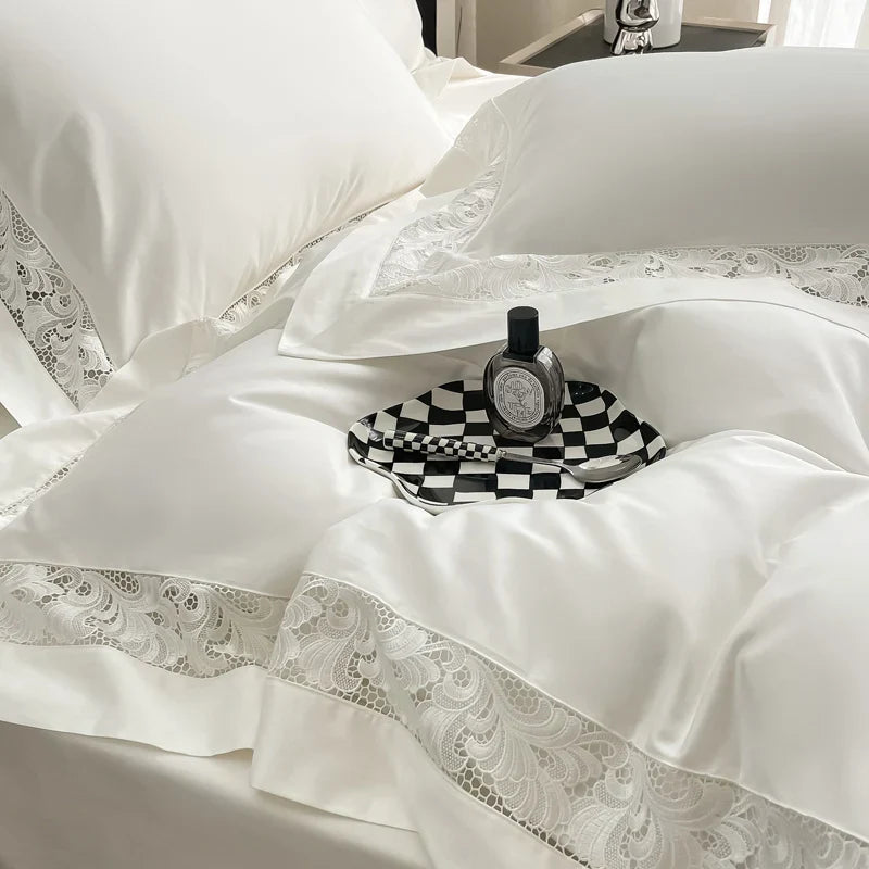 Afralia™ Lace Embroidery 1200TC Egyptian Cotton 4Pcs Bedding Set with Wide Hollow Design