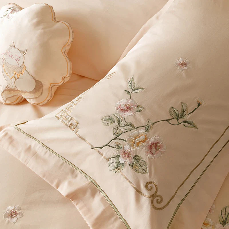 Afralia™ Luxe Flowers Embroidery 1000TC Egyptian Cotton Bedding Set with 2 Pillowcases