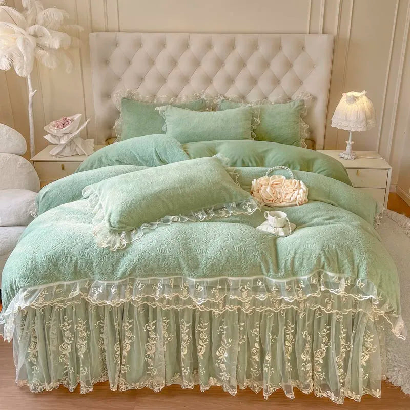 Afralia™ Lace Princess Bedding Set with Velvet Bed Skirt & Quilt Cover