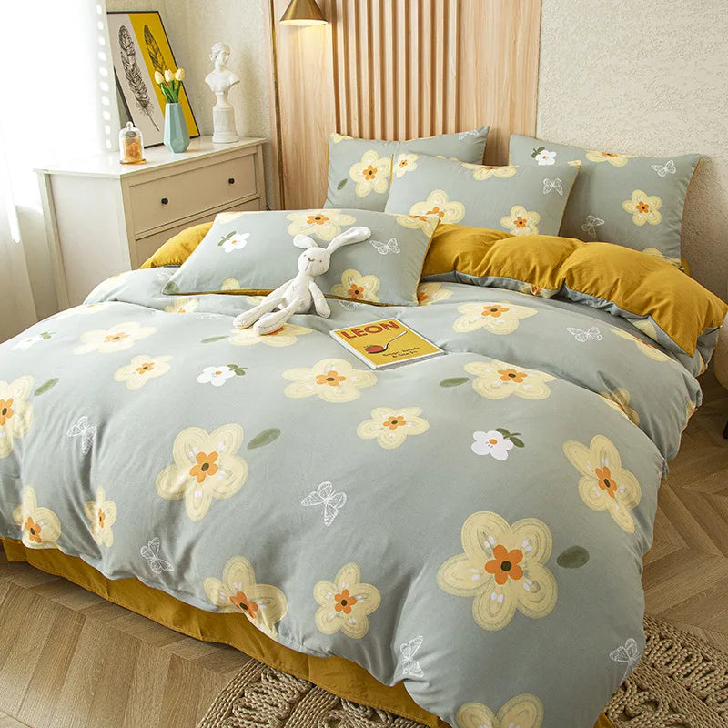 Afralia™ Simple Flower Print 4Pcs Bedding Set - Single Queen Size Girls Boys Bedding