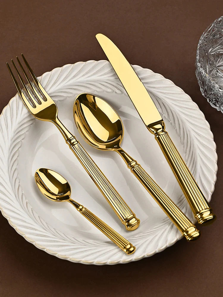 Afralia™ Golden Stainless Steel Flatware Set, 4Pcs Fork Knife Spoon Cutlery Kit.