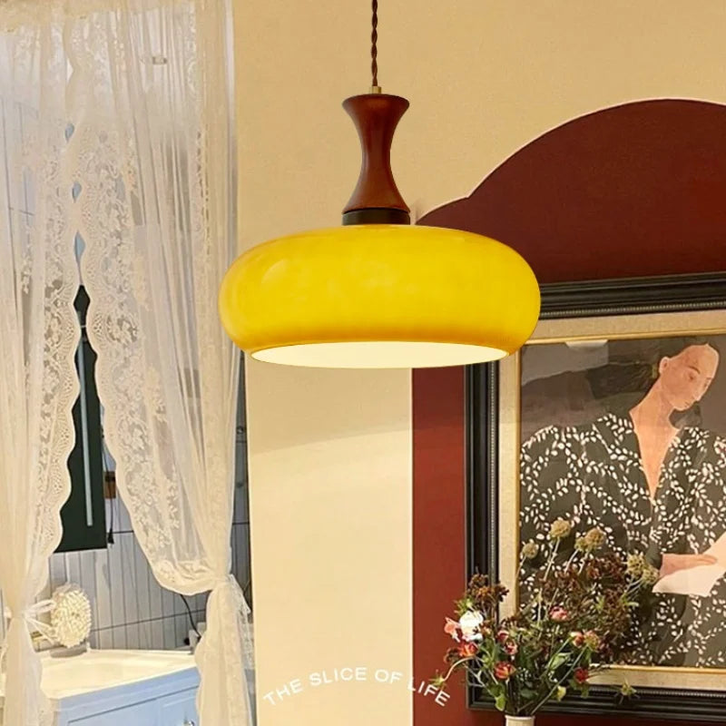 Afralia™ Vintage Amber LED Pendant Light Fixture Wood Glass Loft Adjustable Hang Lamp