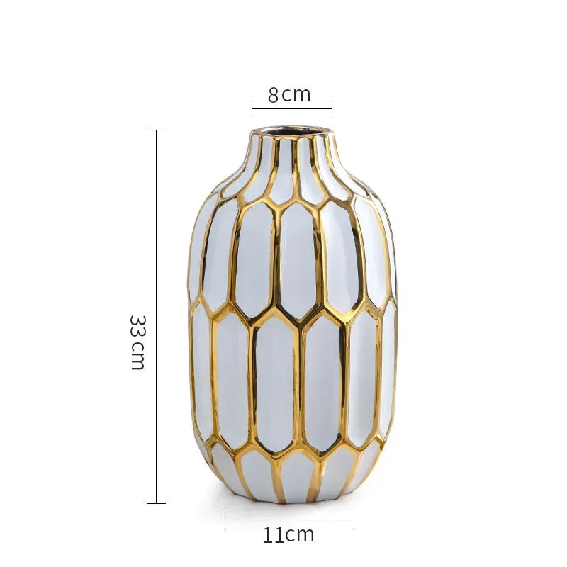 Afralia™ White Gilt Stripes Ceramic Vase - Modern Home Decor & Office Craft