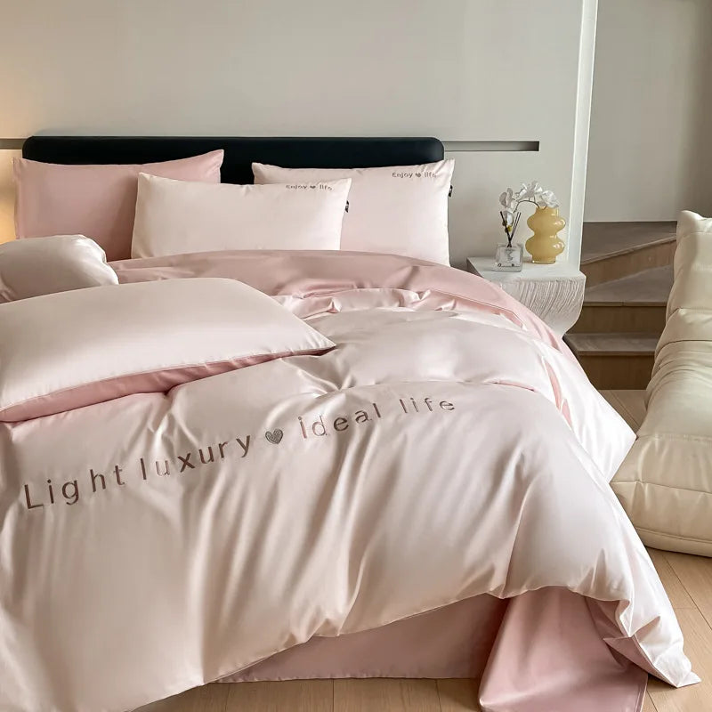 Afralia™ Pure Cotton Embroidered Bed Sets Solid Color Fitted Sheet Kit, Cozy Comforter Sets