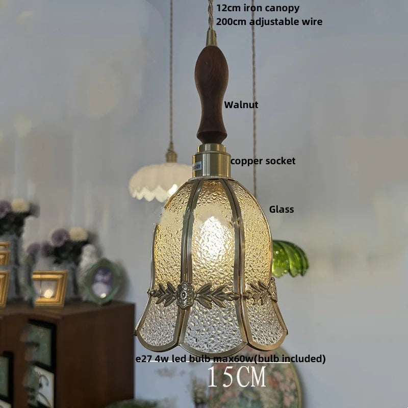 Afralia™ Walnut Wood LED Pendant Light Fixture Hand Stitched Glass Hang Lamp