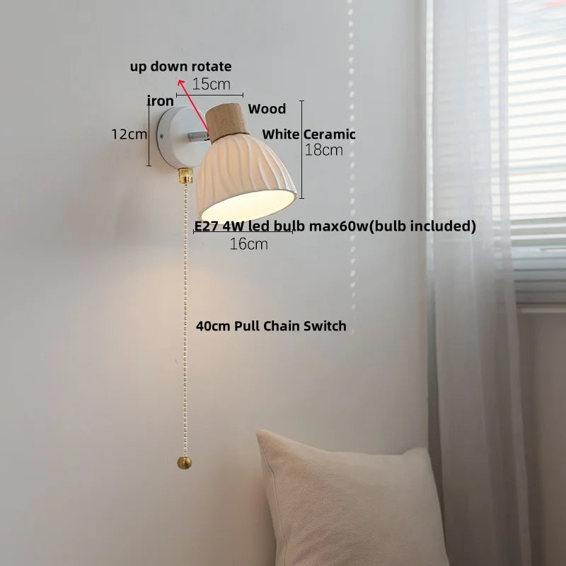 Afralia™ White Ceramic Wood LED Wall Light Fixture Pull Chain Switch Bedside Lamp