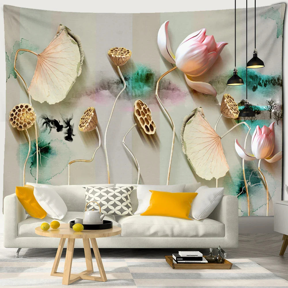 Afralia™ Ink Lotus Koi Tapestry: Boho Aesthetic Psychedelic Room Art Hippie Decor